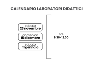 Calendario Laboratori Didattici : 23/11/2024 - 15/12/2024 - 11/01/2025 . Ore 9.30 - 12.00